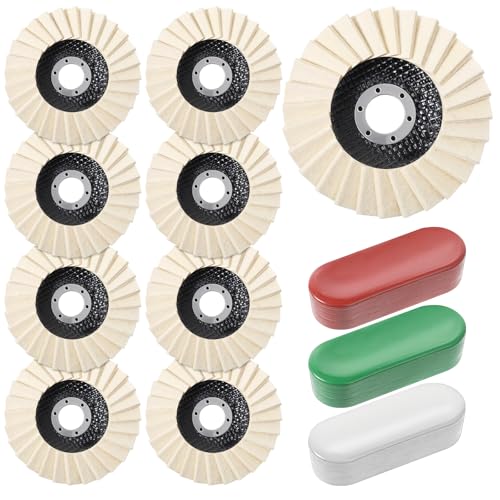 12 Pcs 4-1/2" Wool Polishing Wheel Disc & 3 Polishing Compounds | 7/8" Thicken Arbor Buffing Wheel Wool Felt Flap Disc for Angle Grinder Multi Surface Metal Wood Automotive