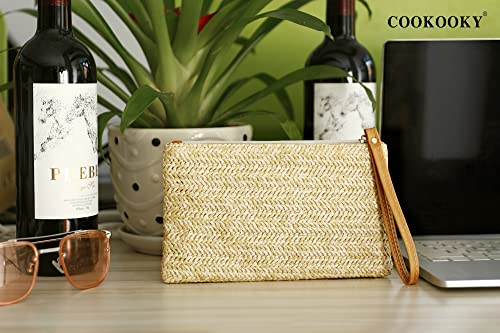 COOKOOKY Womens Straw Clutch Bag Bohemian Summer Beach Straw Purse Zipper Wristlet Wallets for Women - color: Beige