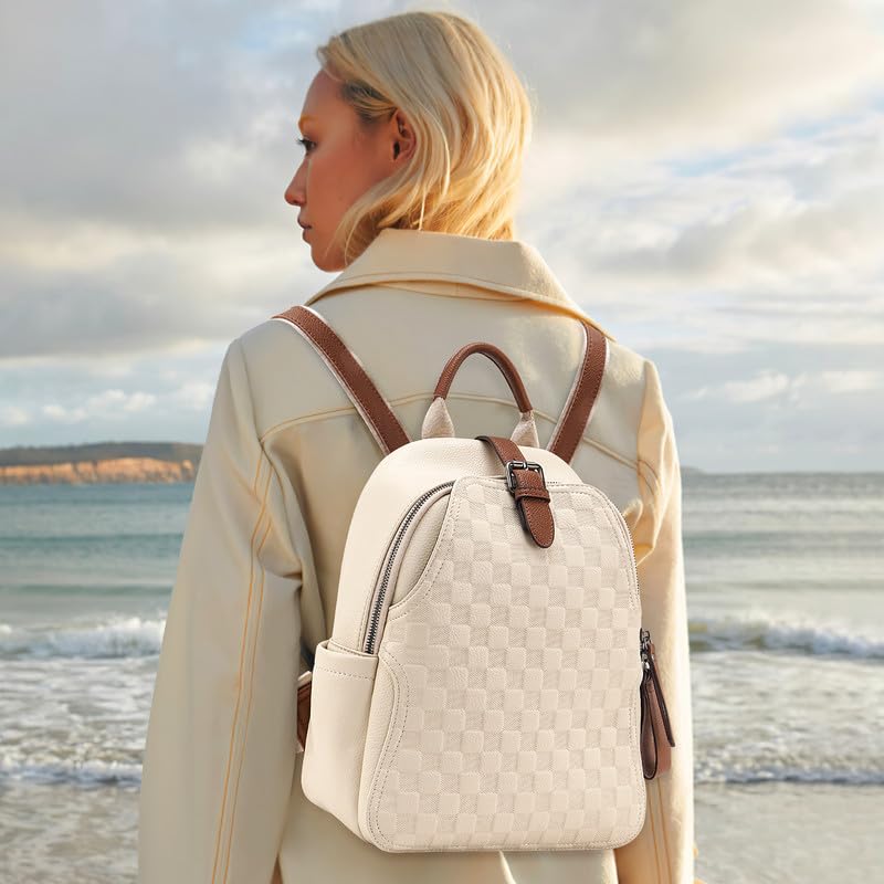Small Backpack Purse for Women Cute PU Leather Backpack Plaid Backpack for Women Travel & Work White - color: White