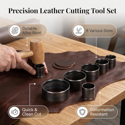 Round Leather Cutting Die Set 8 Pieces, 25-60mm Alloy Steel Punching Tools, Durable and Deform Prevention for Leather Craft
