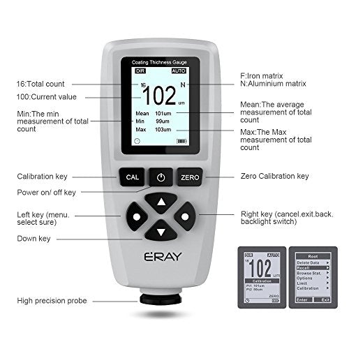 ERAY Mil Thickness Gauge, Coating Thickness Gauges with Backlight LCD Display | Paint Depth Gauge Meter for Car Automotive, Limit Alarm/Data Storage/Export Data/PC Software Analysis (Grey) - color: Grey