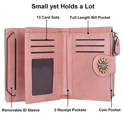 Womens Leather Wallet Small Compact RFID Blocking Credit Card Case Purse with Zipper Pocket | Small - color: Dark Pink