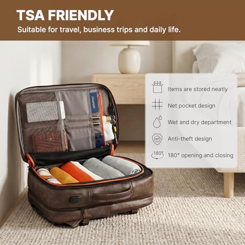 Travel Backpack for Men Women, Carry On Backpack Flight Approved, Coffee | PU Leather, 40L, Expandable, Laptop Compartment, Personal Item Travel Bag, for Traveling Weekender Business - color: Coffee