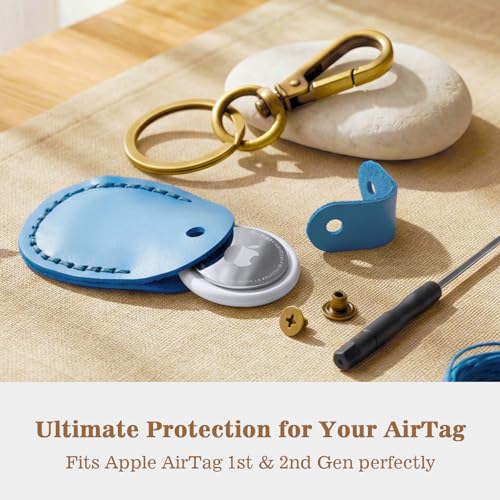 Genuine Leather Airtag Holder Compatible with Apple AirTag Keychain 2nd & 1st Gen, Handmade Air Tag Holder with Key Rings, Hidden Airtag Case Accessories - Light Blue - color: Light Blue