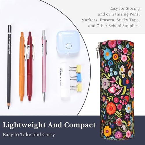 OSAM SPACE Leather Pencil Case Round Pencil Bag Embroidered Flowers Pen Organizer Holder Portable Zipper Pouch Cute School Supplies for Girls Boys Study Office - color: Embroidered Flowers
