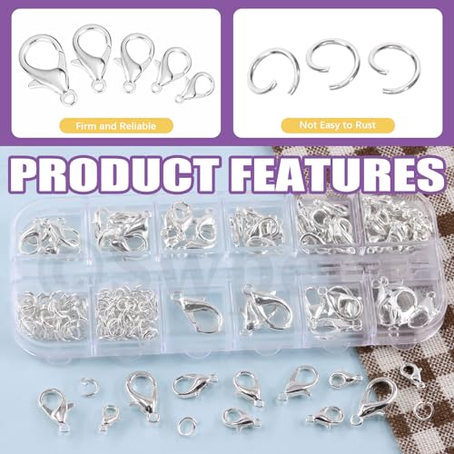 Swpeet 170Pcs Silver 10mm 12mm 14mm 16mm 18mm Open Jump Rings and 6mm Lobster Clasps Assortment Kit, Perfect Jewelry Findings Kit Fits for DIY Making Bookmark Pinch Bracelet Choker Necklace - color: Silver