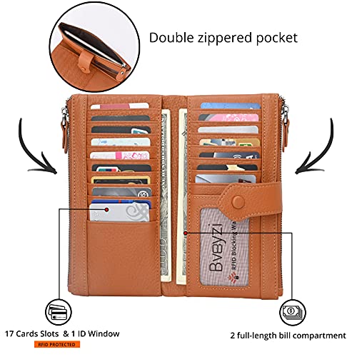 Bveyzi Women Soft Leather RFID Blocking Bifold Slim Wallets Ladies Credit Card Holder Double Zipper Pocket - color: Brown