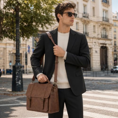 RAINSMORE Messenger Bag for Men 17 Inch Vintage PU Laptop Briefcase, Brown | Large Capacity Work Bag with Magnetic Flap, Water-Resistant PU Leather, 3-Way Carry for Office, Business Travel & College - color: Brown