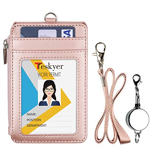 Teskyer ID Badge Holder with Retractable Lanyard, Lanyard Wallet, Rose Gold - color: Rose Gold #02, size: 3.1" x 4.7"