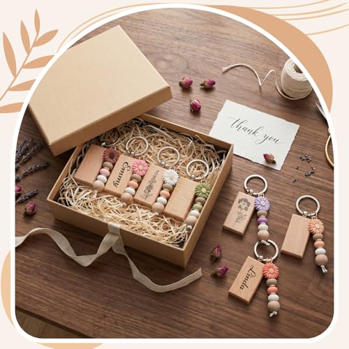 Wavyknot 12 Set Daisy and Wood Beadable Keychain Bars Bulk Laser Engraving Blanks Keychain Kit for DIY Crafts Jewelry(Pastel) - color: Pastel, style: Wood