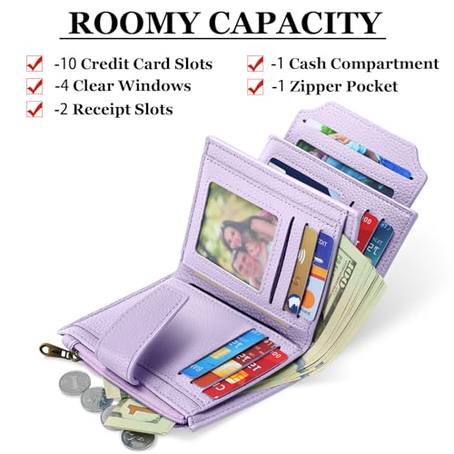 Small Wallet Women RFID Blocking Soft Leather Bifold Compact Card Holder Wallet for Women with Zipper Coin Pocket 4 ID Window - color: Light Purple