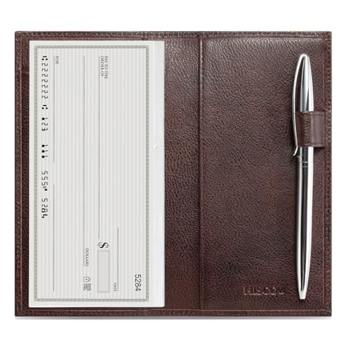 HISCOW Leather Checkbook Cover for Duplicate Checks with Pen Holder - color: Coffee Vegetable-Tanned Leather