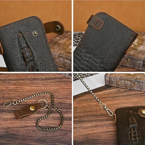 Genuine Crazy Horse Leather Travel Gift Coin Pocket Card Case Long Organizer Chain Rfid Wallet Purse With Snap For Men Male 1088 (1088 Dark Brown-Crocodile) - color: 1088 Dark Brown-Crocodile
