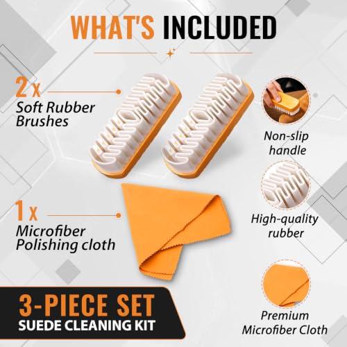 2PCS Suede Brush Cleaning Kit with Microfiber Cloth for Suede Footwear | Soft rubber bristle brush, gentle dirt removal, portable & reusable, works for shoes, bags, jackets, sofa and car interior