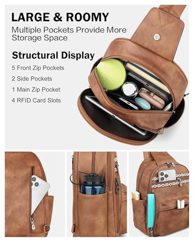 Large Sling Bag for Women, Designer 10L Leather Crossbody Purse | Anti Theft Sling Backpack, RFID Fanny Packs for Travel, Ideal for Vacation Walking Daily Errands - color: 1 Brown Retro Style