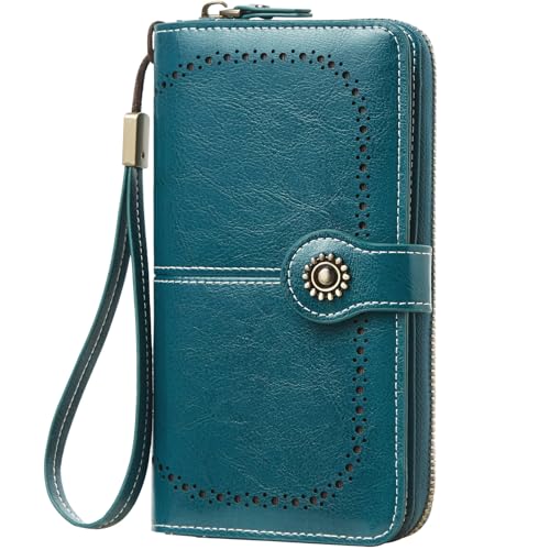 TFKGS Wallet for Women RFID Blocking Leather Large Capacity Card Holder Ladies Phone Clutch Travel Long Purse Wristlet | RFID Blocking - color: 2-Upgrade-Wax-Dark Blue