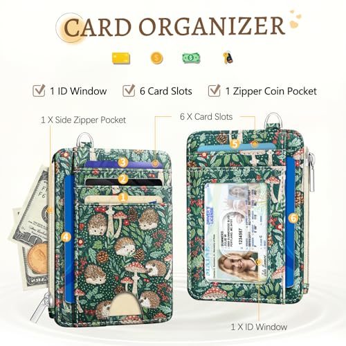 Kelvoris Credit Card Holder Small Wallet Women, Slim RFID, Cute Hedgehog | Keychain, Zipper Coin Pocket, Front Pocket Thin Travel Card Case, Minimalist, 6 Card Slots, 1 ID Window, Ladies Gifts Woman - color: Hedgehog