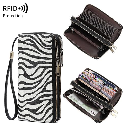 Women Leather Wallet Crossbody Shoulder Bag with Double Zipper and Mobile Phone Purse with Shoulder Strap - color: QB393-Zebra pattern