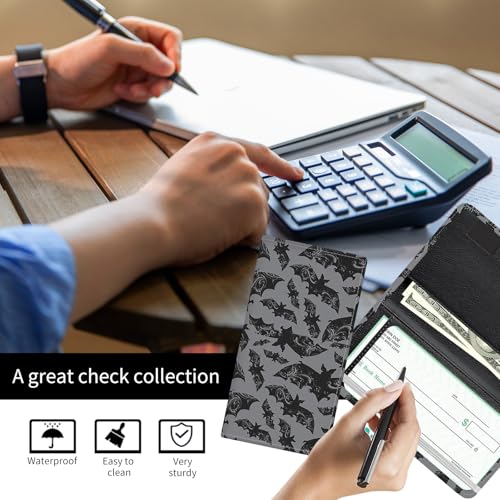 Checkbook Cover for Personal Checkbook, Cute PU Leather Check Book for Women & Men, Slim Checkbook Holder with Pen Holder and Built-in Clear Plastic Divider Gray Bats - color: Gray Bats