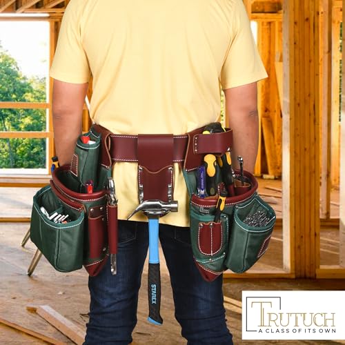 Nylon and Leather Tool Belt | Framing Tool Bags | Leather Tool Belts | Nylon Tool Pouch | Carpenter Tool Belt | Construction | Framers | Electrician - color: Green