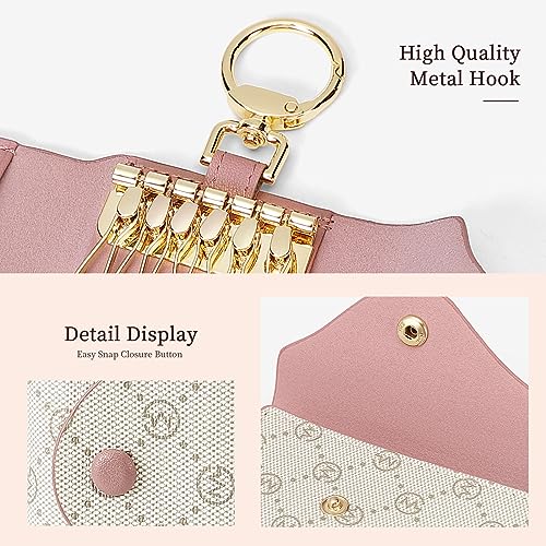 GOLF SUPAGS Women PVC Leather Car Key Chain Card Holder Wallet Pouch 6 Hook Snap Closure keys Money Organizer Case | Card Holder - color: Pink×Ash Green, style-2
