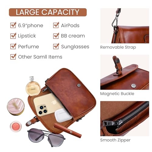 HESHE Leather Small Crossbody Bag for Women Satchel Purse Mini Shoulder Bag | Designer Real Genuine Leather Travel Casual Purse Adjustable Strap Sacthel Hobo Purses Zippered Pockets Magnetic Snap Closure - color: Brown