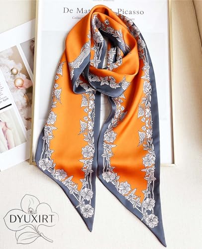 Head Scarf Purse Handle Neck Satin Hair Scarfs For Bag Lightweight Silky Long Thin Women's Fashion Scarves 59 * 5.9” - color: H2-orange Background With Floral(59*5.9inch)