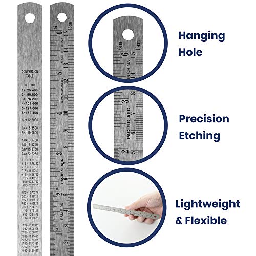 Pacific Arc 6 Inch Stainless Steel Ruler with Inch/Metric Conversion Table, 2 Pack - style: 2 Pack | 6 in