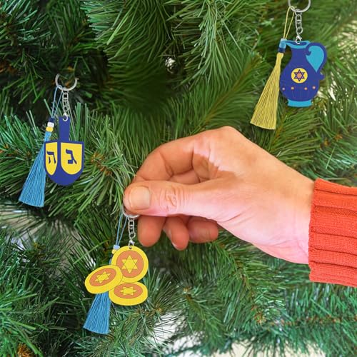 Cinrobiye 24 Set Hanukkah Craft Kits Chanukah Keychains Kits Festival of Light Party Favors DIY Jewish Wooden Paint Keychains Gifts for Christmas Holiday Sunday School Classroom Home Activity Supplies - style: Hanukkah