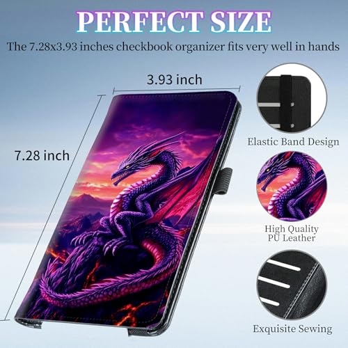 Checkbook Cover for Duplicate Checks,Slim Durable RFID Blocking Checkbook Credit Card Holder for Personal and Business Checks-Purple Flying Dragon - color: Purple Flying Dragon