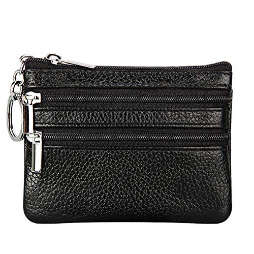 Women Genuine Leather Coin Purse Small Keychain Change Wallet - color: Black