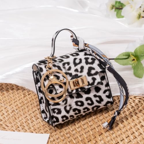 Coin Purse Mini Backpack KeyChain for Women Bag Charm for Earbuds - color: White Leopard