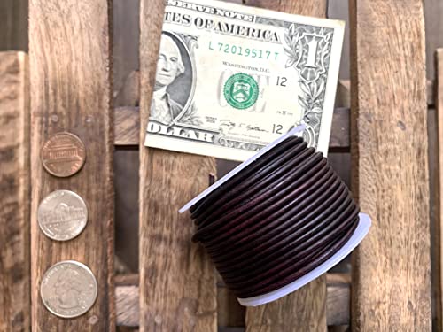3mm Genuine Round Leather Cord Dark Brown Distressed | Rustic Versatile for Jewelry Making Crafts, Necklaces, Bracelets, Macrame | 20 Meters Spool (21.87 Yards)