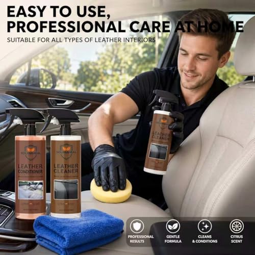 2-in-1 Leather Cleaner & Conditioner Kit, 2 Pack Leather Care Set with Sponge, Towel & Gloves, Citrus Scent for Car Seats, Sofa, Shoes & Bags, Finished Leather