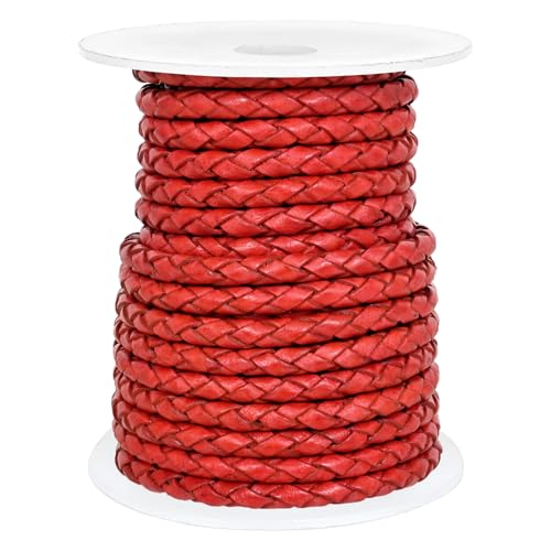 GENIQUE Real/Genuine Round Braided Leather Cord String Rope Folded, Leather Rope for Crafts, Jewelry Making, Necklace, Bracelets (Red Distressed, 3mm) - color: Red Distressed, size: 3mm