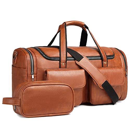Travel Duffel Bag for Men, Large PU Leather Carry on Duffle Bag for Traveling, Waterproof Overnight Weekender Gym Bags with Shoe Compartment - Perfect for Daily Use/Birthday Gift - color: Brown Set