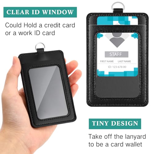 Ireer 12 Pcs ID Badge Holder with Lanyard, PU Leather Card Holder Vertical with Clear ID Access Card Window, Slot for Office Work, School Student, Black