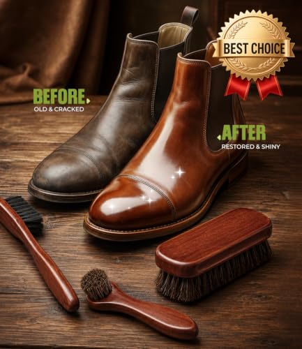 4-Piece Horsehair Shoe Shine Kit, Leather Care Set with Brush | Includes horsehair brushes, detailing brush and microfiber cloth for cleaning and polishing shoes, boots & leather goods