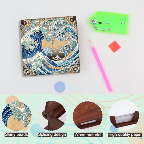 JISHSHAY Diamond Painting Note Box Sea Wave Diamond Art Sticky Note Holder Gem Art Notecard Box Gem Painting Mosaic Kits for Adults Embroidery Kit Memo Pad Holder, Contains 160 Sheets of Paper - color: Sea Wave