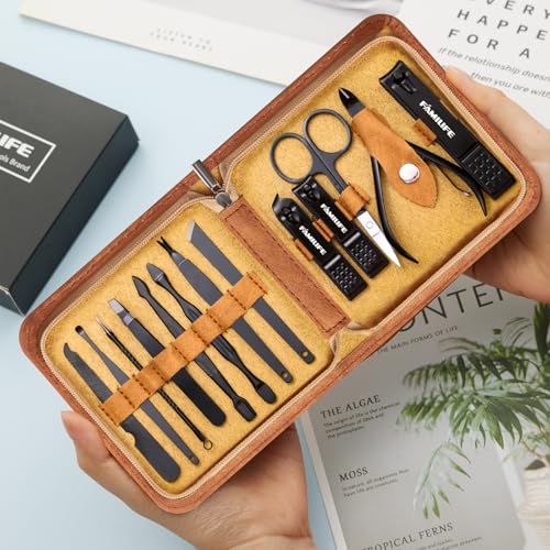 FAMILIFE Manicure Set, Professional Manicure Kit Nail Clipper Set Stainless Steel Pedicure Tools Kit with Leather Travel Case for Women Girl Men (Brown) - color: Brown