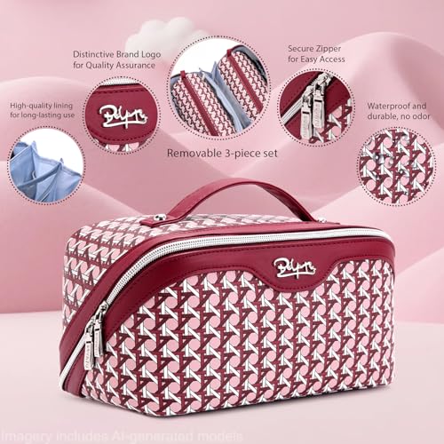BOYATU Travel Makeup Bag Cosmetic Bags for Women: 3 Pcs Set Make up Bag | Large Capacity Waterproof Vegan Leather Organizer Bags with Compartments - Lay flat Toiletry with Handle (M-78Red) - color: M-78Red