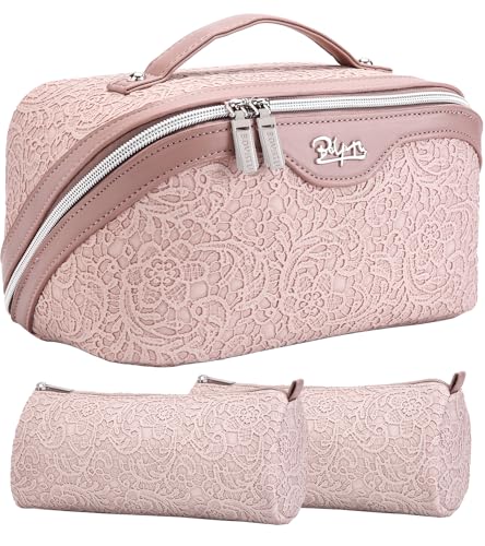 BOYATU Travel Makeup Bags Cosmetic Organizer Bag: 3-Set Large Capacity Make up Bag - PU Leather Toiletry Bags for Women - Wide Open Portable Pouch with Divider & Handle (A-Light Pink) - color: A-Light Pink