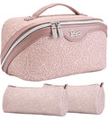 BOYATU Travel Makeup Bags Cosmetic Organizer Bag: 3-Set Large Capacity Make up Bag - PU Leather Toiletry Bags for Women - Wide Open Portable Pouch with Divider & Handle (A-Light Pink) - color: A-Light Pink