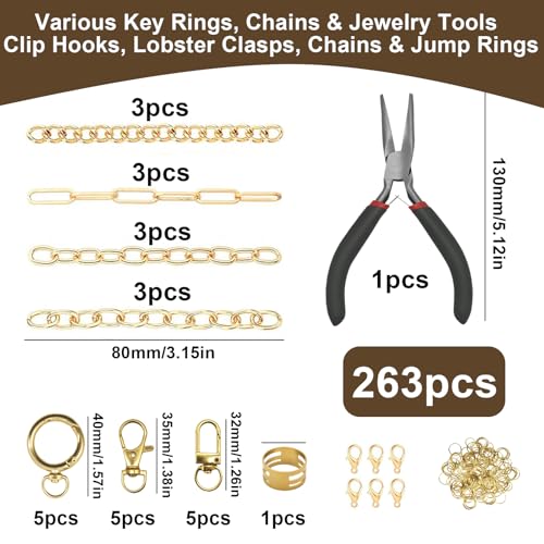 Aucscott Lip Gloss Charms Keychain Making Kit, Make Your Own Keychain Kit for Girls - DIY Jewelry Craft Kits with A-Z Letter Charms for Custom Key Chain Lipgloss Lip Balm Purse Bag Handbag - color: Gold - 263Pcs Kit
