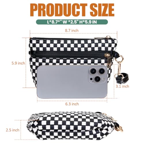 Woven Wristlet Bag for Women Checkered Crescent Pouch Wallet Small Purse - color: Black