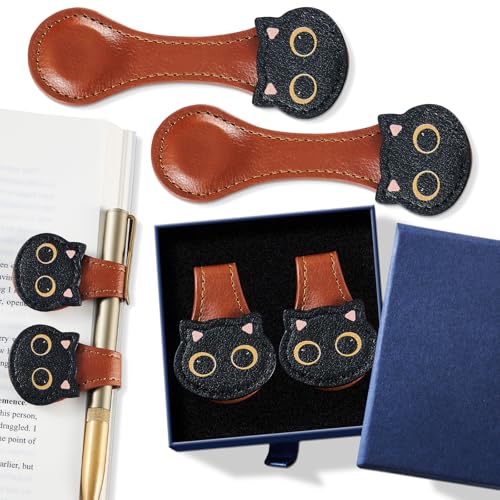 Ovesmusl 2Pcs PU Leather Cat Magnetic Bookmarks with Pen Holder | Brown and brown set with double-sided magnets, gift box included, for books, notebooks, magazines, readers and teachers - style: Cat (Brown+Brown)