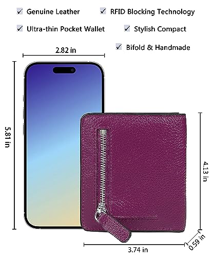 Small Leather Wallet for Women, Ladies Credit Card Holder RFID Blocking Women's Mini Bifold Pocket Purse - color: Dark Magenta Rfid Blocking