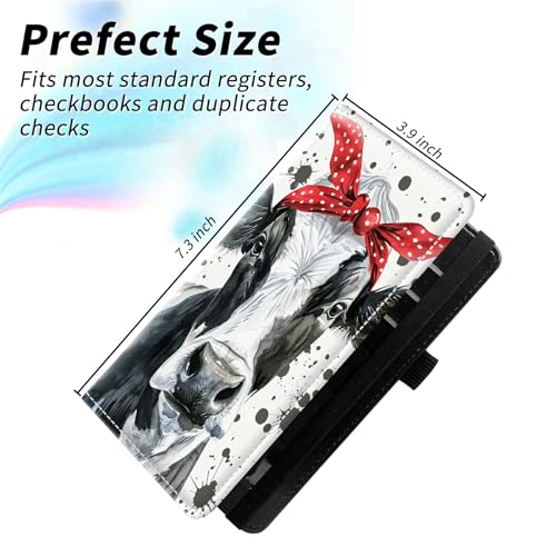 Check Book Cover for Personal Checkbook, Leather Business Checkbooks Plastic Insert Flap Card Holder Pen Hoop Holder with RFID Blocking Slim Wallet for Duplicate Checks Women Men, Cute Cow - color: Cute Cow