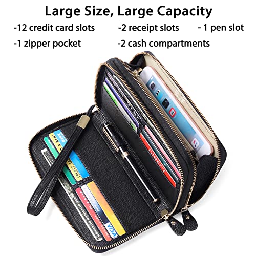 SENDEFN Leather Women Wallet RFID Blocking Zipper Around Phone Holder Clutch Wristlet Large Capacity - color: Black