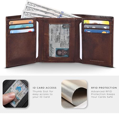Trifold Leather Wallet for Men - RFID Slim Minimalist Front Pocket 6 Slots - color: Wash Brown